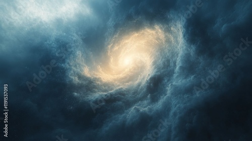 Swirling clouds and glowing light create a cosmic spiral in the night sky