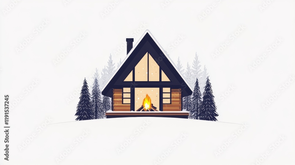Naklejka premium Cozy Winter Cabin Fireplace Snow Trees