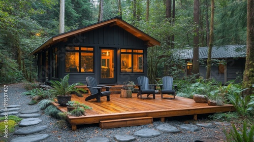 Cozy cabin retreat offering tranquil vibes in a lush forest setting during ev...