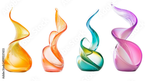 Collection of elegant abstract glass sculptures, isolated on transparent background photo