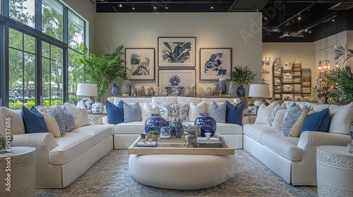 Comfortable living room with cream sofa and decorative blue cushions in a coz...