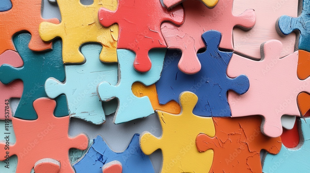 Colorful Puzzle Pieces in Various Shapes and Textures on Surface Colorful Puzzle Pieces in Various Shapes and Textures on Surface