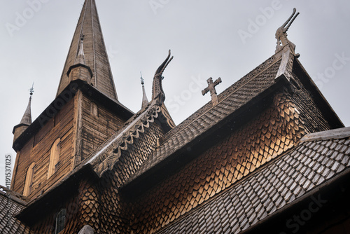 Lom stave church (stavkirke) with dragonheads on the roof  - famous wooden medieval landmark of Norway in Gudbrandsdal valley.