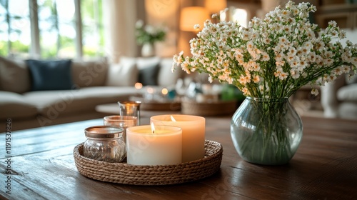 Cozy autumn decoration with candles and flowers in a warm living room setting