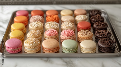 Colorful assortment of macarons displayed in an elegant tray for a special oc...
