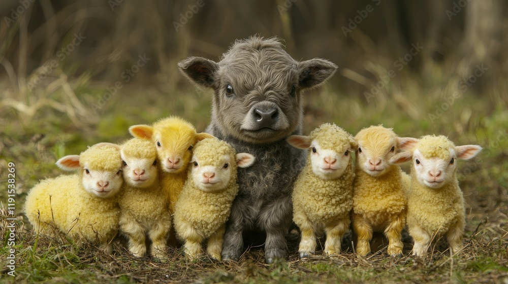 Obraz premium Highland Calf Posing with Six Fluffy Lambs
