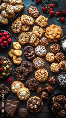 Assorted homemade cookies arranged on a table with various textures and flavo...