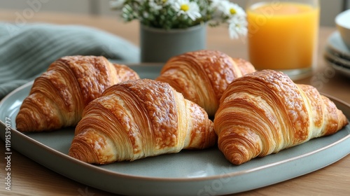 Breakfast tray featuring croissants, juice, and a flower arrangement with bri...