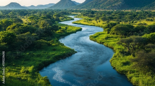 Sunset over a tranquil river with lush vegetation and vibrant sky