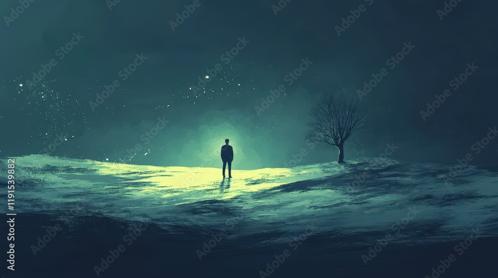 Solitary Figure Standing in an Ethereal Nightscape Solitary Figure Standing in an Ethereal Nightscape