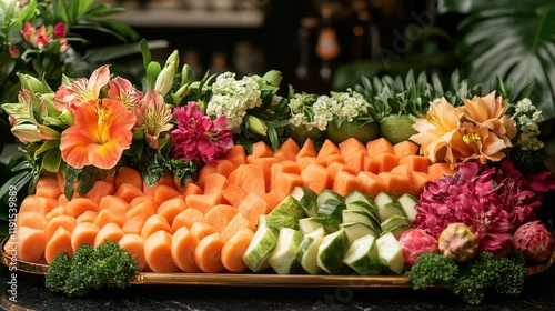 Fresh fruit assortment featuring watermelon, kiwi, and melons in a vibrant di...