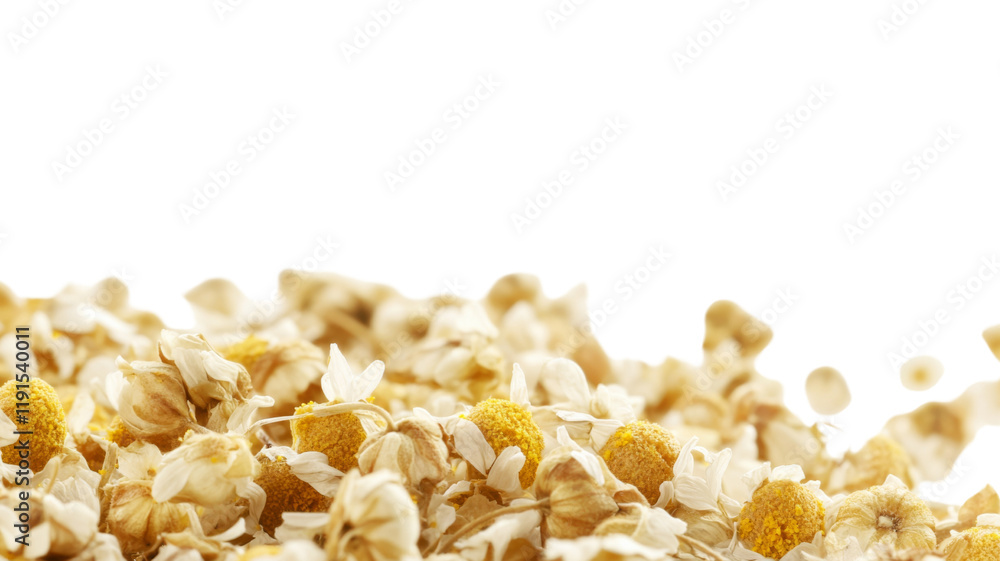 Dried chamomile blossoms close-up, isolated on transparent background Dried chamomile blossoms close-up, isolated on transparent background
