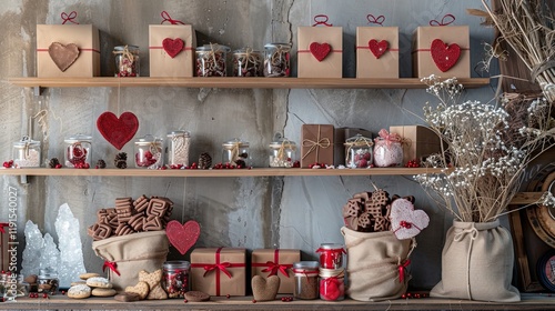 Wallpaper Mural Artisanal Sweets Collection Elegantly Displayed on Reclaimed Wood Shelving With Heart-Themed Decorations and Natural Accents Torontodigital.ca
