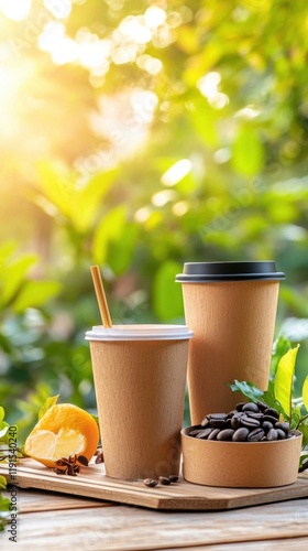 Compostable coffee cups made from bamboo fiber arranged in a sunny outdoor setting