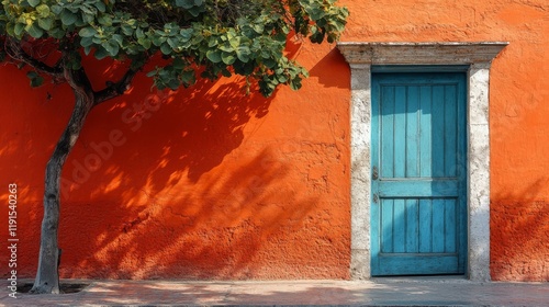 Colorful blue door against vibrant orange wall with tree shadows in sunny out...