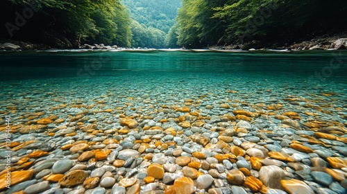 Colorful stones under clear water showcasing vibrant textures and reflections...