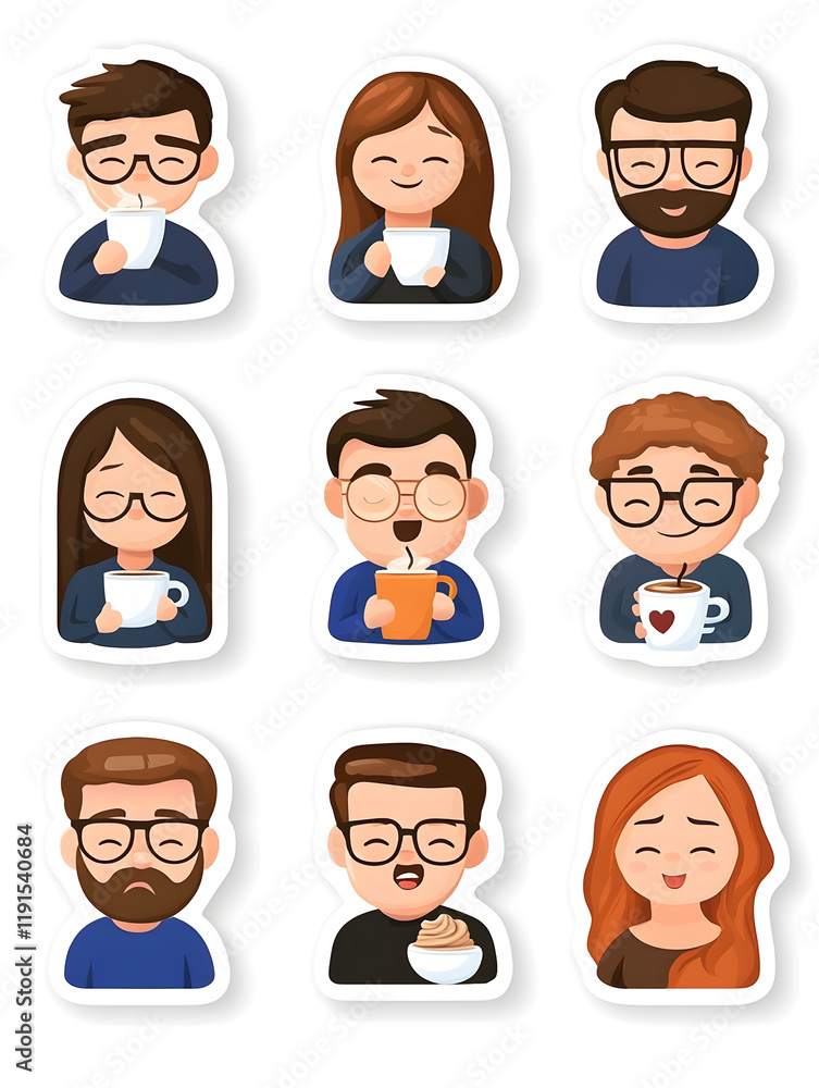 Collection of diverse cartoon characters enjoying hot beverages, each with unique expressions and styles. Collection of diverse cartoon characters enjoying hot beverages, each with unique expressions and styles.