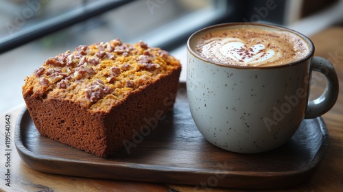 Cozy autumn afternoon with spiced cake and latte at a cafe