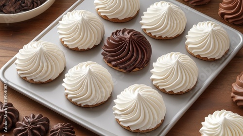 Delicious chocolate and vanilla meringue cookies arranged neatly on a baking ...