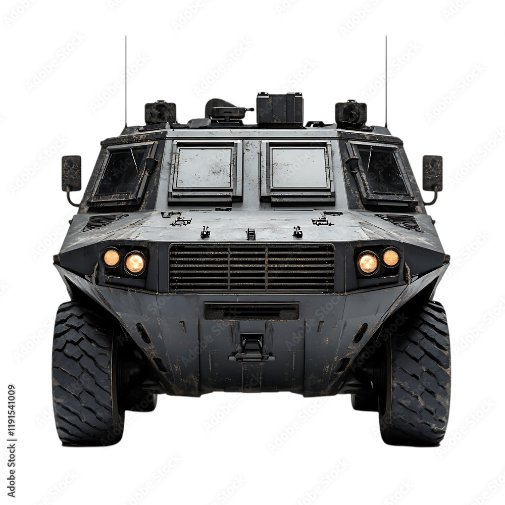 Fototapeta premium Military Armored Vehicle Front View Tough Grey Powerful Design car war 4x4 army dark truck tires 