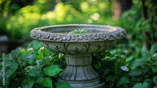 Serene garden birdbath surrounded by lush greenery and vibrant flowers in a t...