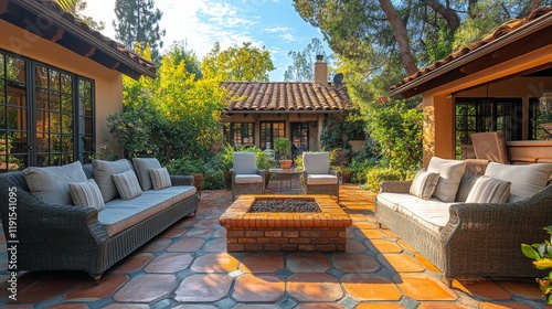 Stylish outdoor seating area with modern furniture by a serene pool surrounde...