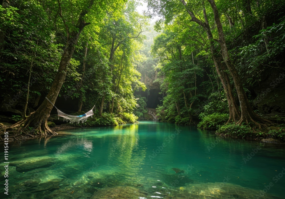 Naklejka premium Lush tropical forest, crystal clear turquoise river, sunbeams filtering through dense canopy, tranquil jungle scene, rope bridge across water, verdant foliage, secluded paradise, vibrant green vegetat