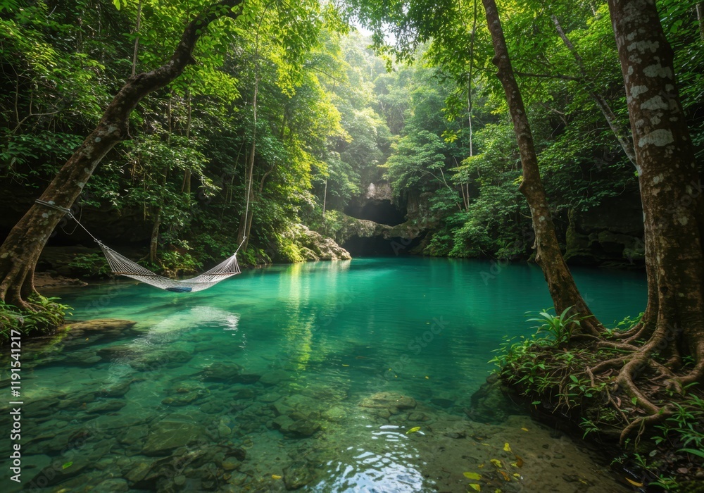 Fototapeta premium Lush tropical forest, crystal clear turquoise river, sunbeams filtering through dense canopy, tranquil jungle scene, rope bridge across water, verdant foliage, secluded paradise, vibrant green vegetat