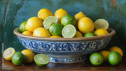Fresh lemons and limes arranged attractively in a decorative bowl on a rustic...
