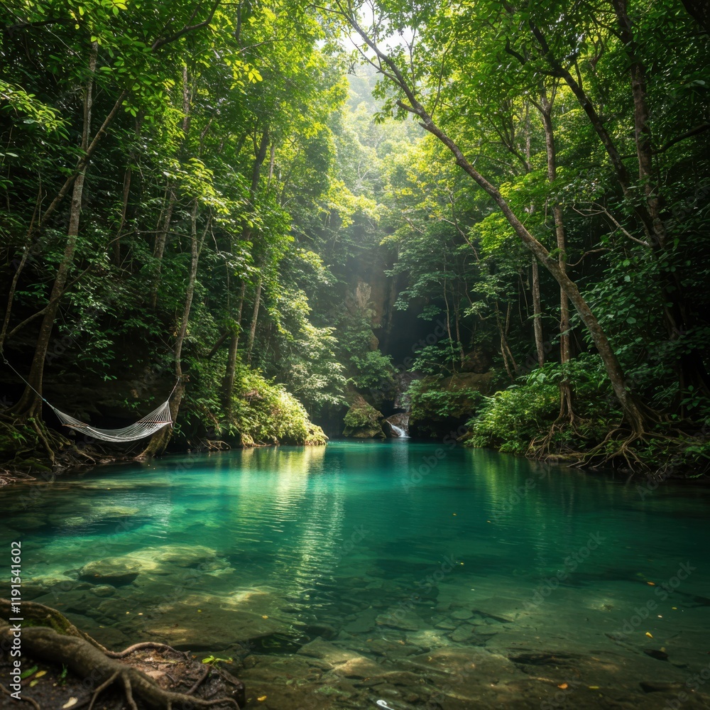 Naklejka premium Lush tropical forest, crystal clear turquoise river, sunbeams filtering through dense canopy, tranquil jungle scene, rope bridge across water, verdant foliage, secluded paradise, vibrant green vegetat