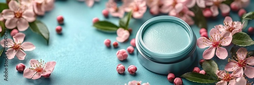 Beauty cream surrounded by blooming flowers on a vibrant blue surface