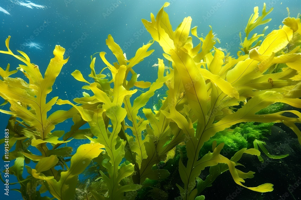 Naklejka premium Sunlight filtering through a vibrant golden kelp forest creates a mesmerizing underwater scene, showcasing the beauty and biodiversity of marine ecosystems