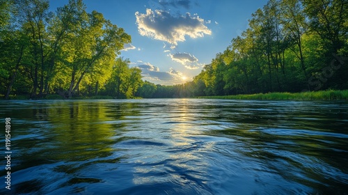 Tranquil river reflecting blue sky and lush greenery in remote wilderness area
