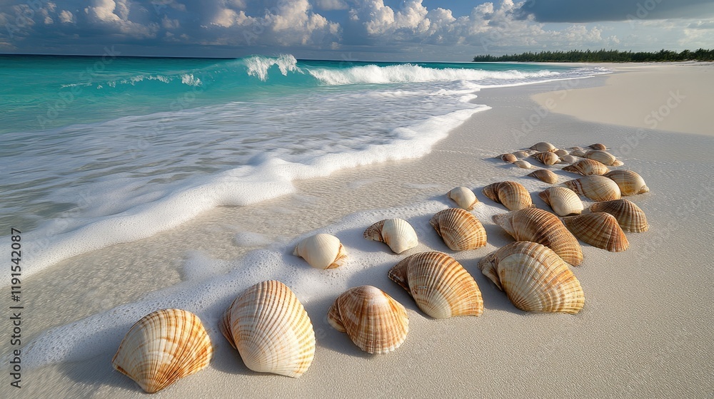 Seashells arranged on a pristine beach near turquoise water Seashells arranged on a pristine beach near turquoise water