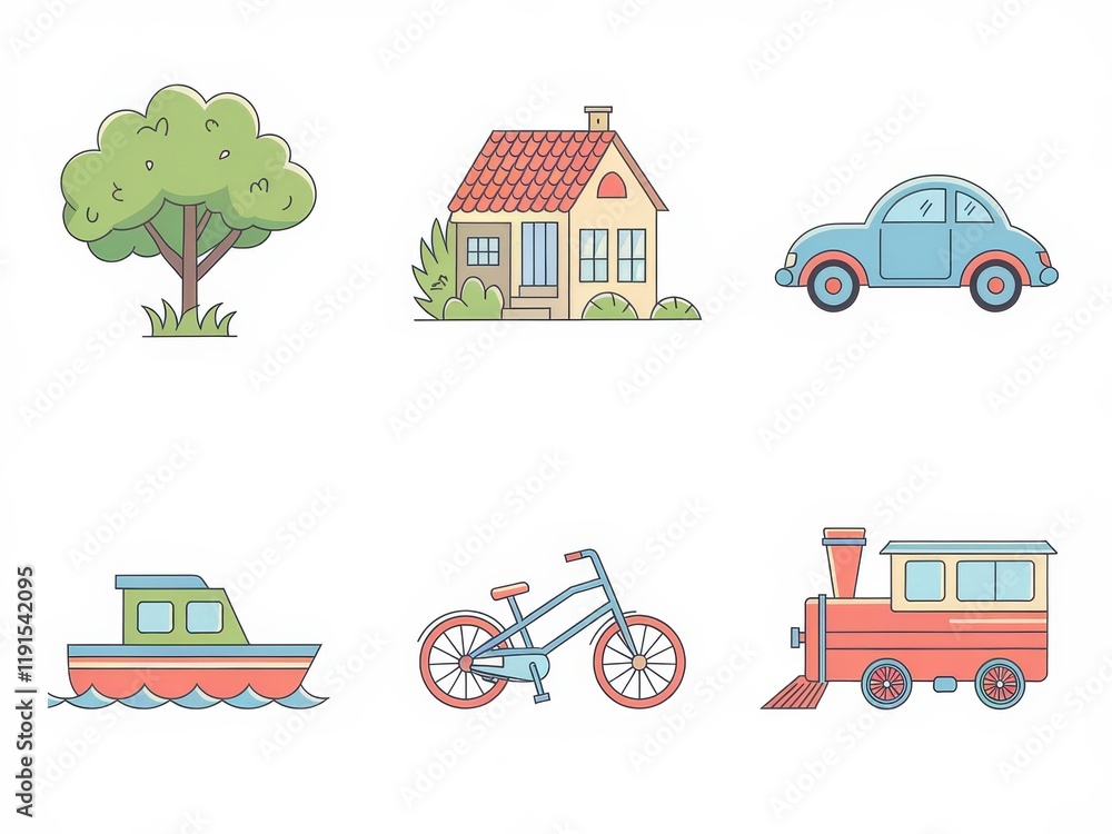 Naklejka premium Colorful Illustrations of a House Tree Car Boat Bike and Train