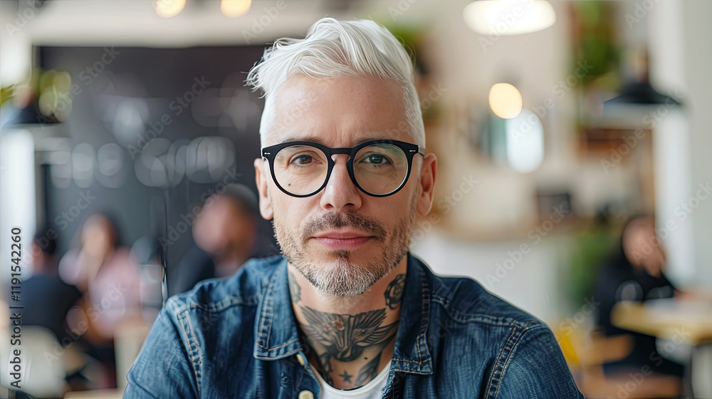 Obraz premium Man with a beard and glasses is sitting in a restaurant