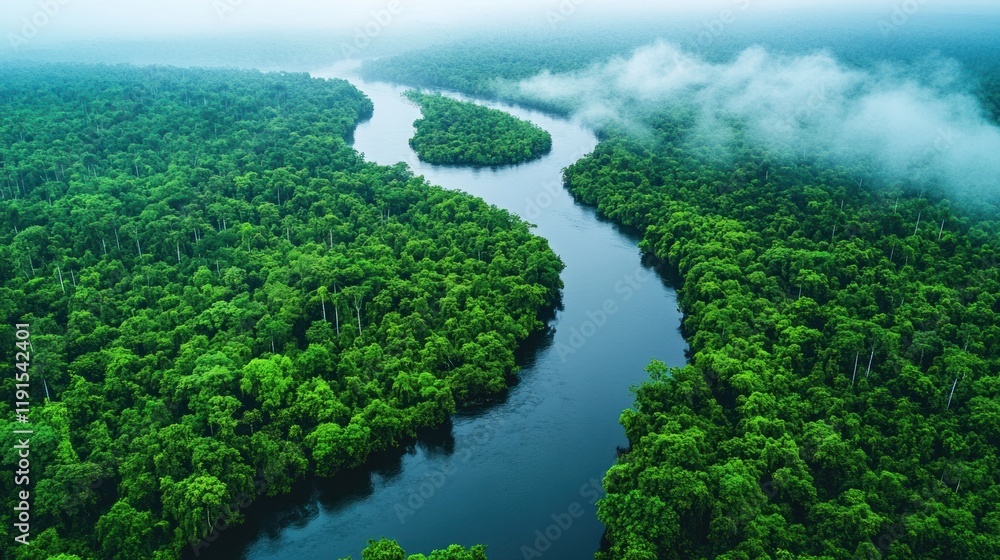 Aerial View of a River Winding Through Lush Green Rainforest Aerial View of a River Winding Through Lush Green Rainforest