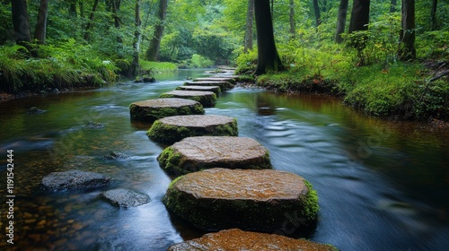 Calm lake with stepping stones surrounded by lush green forest and mountains ...