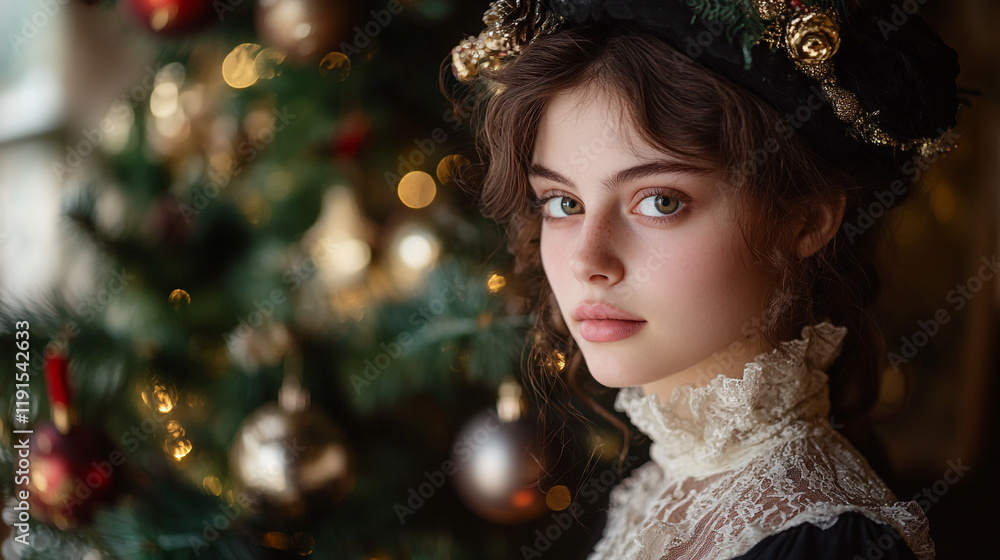 Portrait of a young woman with a festive background during the holiday season Portrait of a young woman with a festive background during the holiday season