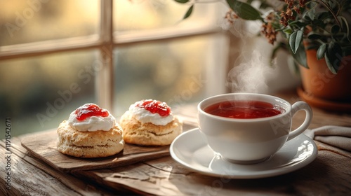 Delicious scones with jam and cream served with steaming cup of tea in cozy m...