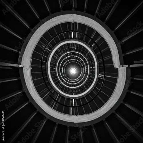circular monochrome pattern, concentric rings, hypnotic spiral, geometric design, black and white, intricate details, optical illusion, symmetrical composition, abstract art, radial structure, futuris