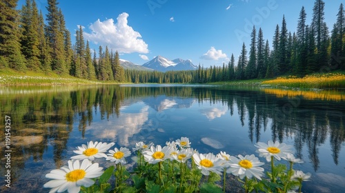 Autumn colors reflect on peaceful lake in serene forest setting