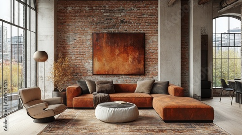 Cozy living space designed with modern elements and natural light in an urban...