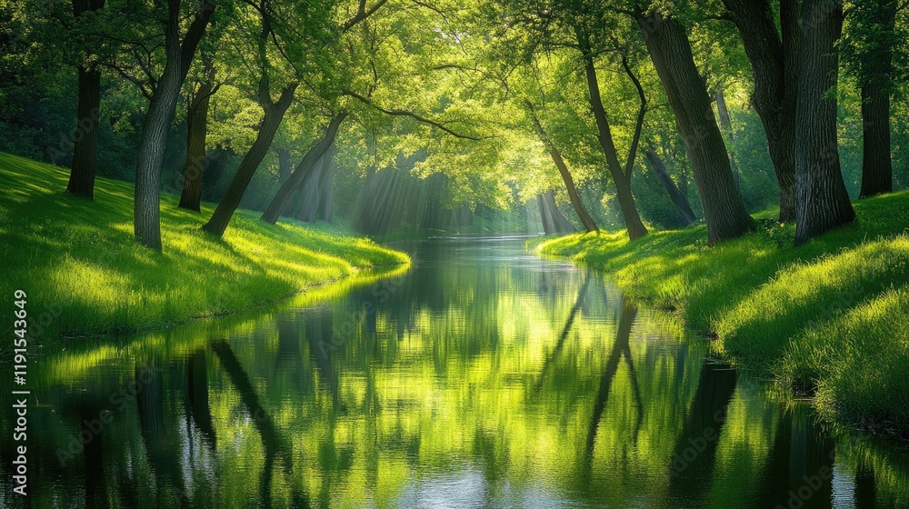 Serene River Reflecting Lush Green Trees In Sunlight Serene River Reflecting Lush Green Trees In Sunlight