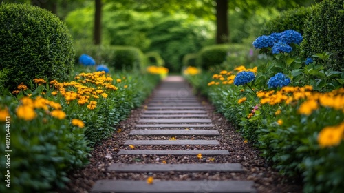 Lush garden pathway lined with vibrant flowers under a green archway in a ser...