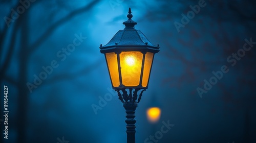 Soft glow of vintage street lamps illuminating a foggy evening path at dusk
