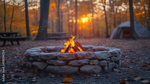 Cozy campfire in autumn woods with sunset and tent in background
