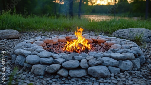 Cozy campfire in autumn woods with sunset and tent in background