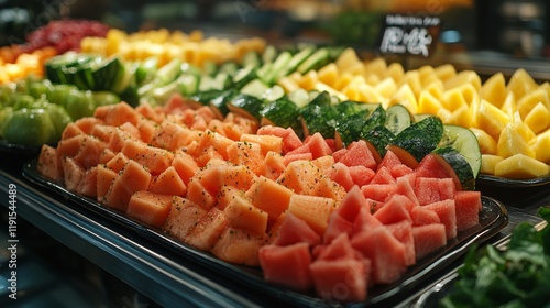 Fresh fruit assortment featuring watermelon, kiwi, and melons in a vibrant di...