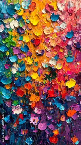 Vibrant abstract painting with colorful splashes and drips on canvas